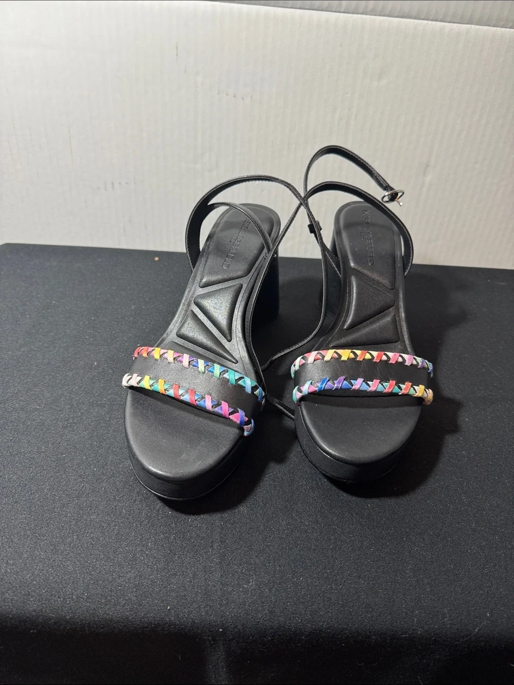 Karl Lagerfeld Black Sandals with Rainbow Braided Straps